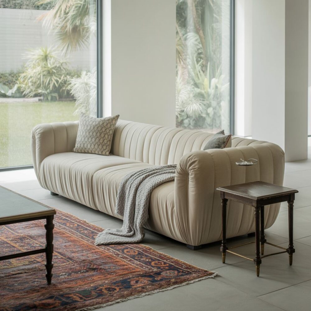 antyczny fotel i nowoczesna sofa