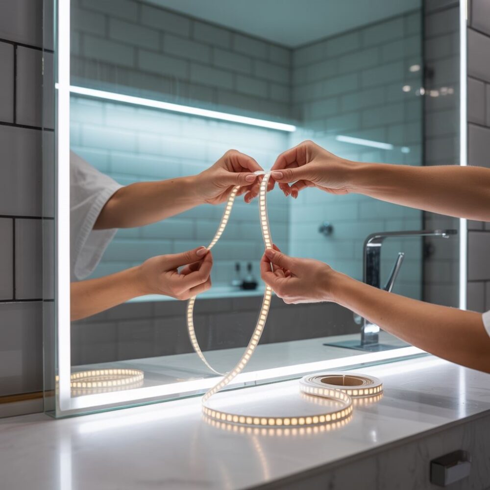 instalacja taśmy led przy lustrze