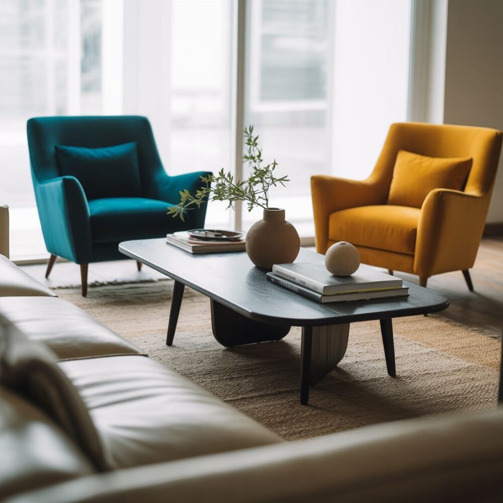 kolorowe krzesła przy beżowej kanapie