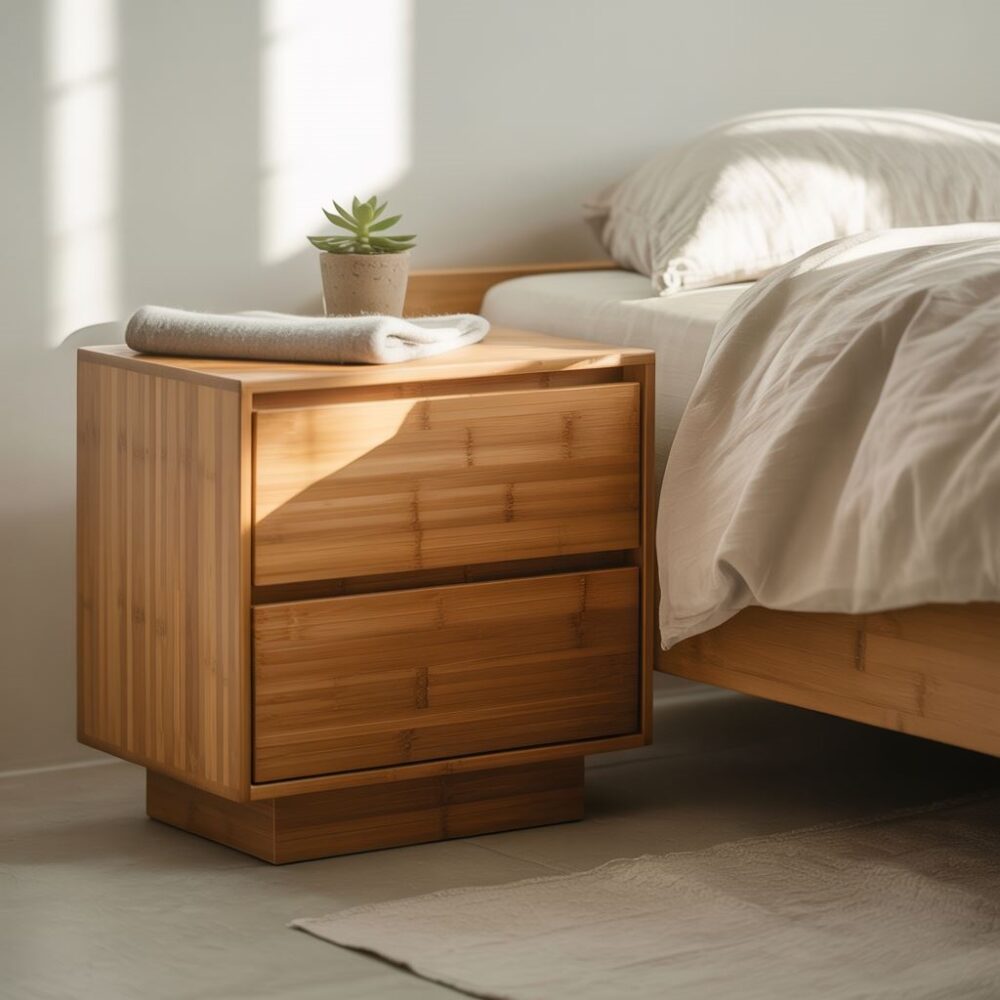 mebel z bambusa przy łóżku