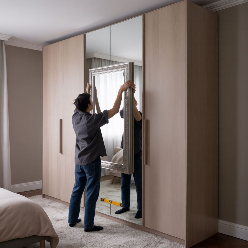 montaż lustra na drzwiach szafy