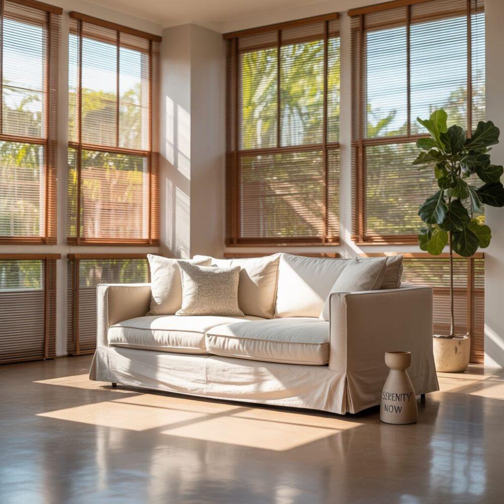 nowoczesny salon z żaluzjami