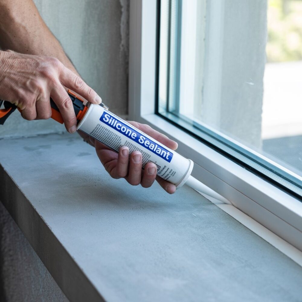 okno z białym uszczelniaczem