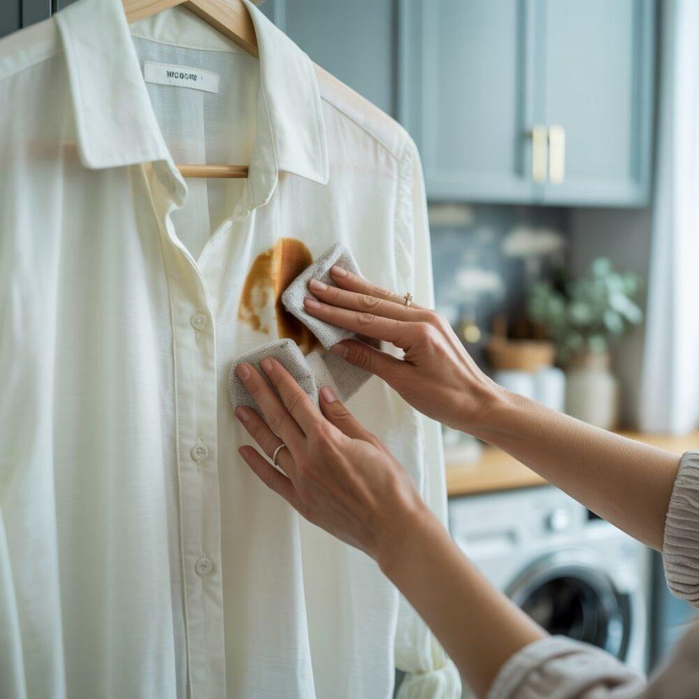 plama z fluidu na białej bluzce