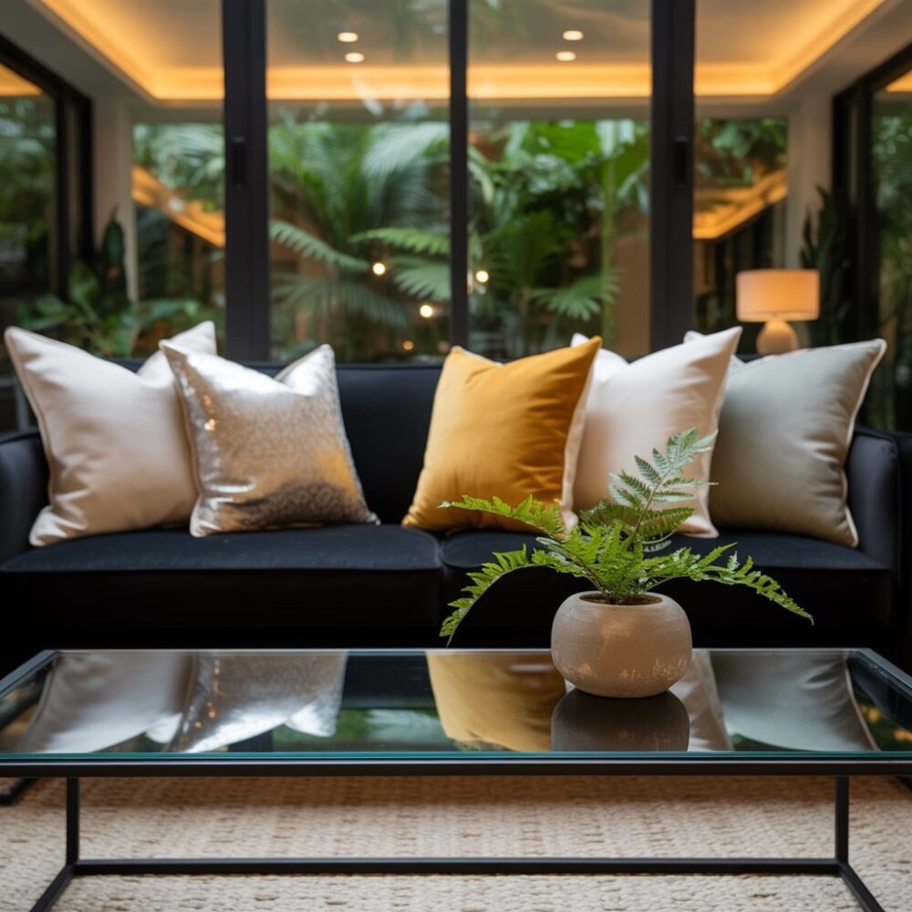 poduszki na czarnej kanapie