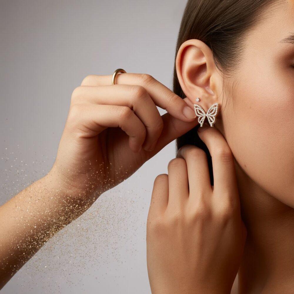 zdjęcie zdejmowania kolczyka z motylkiem